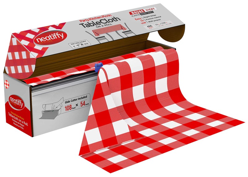 Neatiffy Disposable Plastic Table Cloth Roll | 54 in x 108 Ft Waterproof Tablecloth | Table Cover for Rectangle, Square, Round Oval Tables | Picnic, Party, Banquet, Birthdays, Weddings, Red Checkered - Image 1